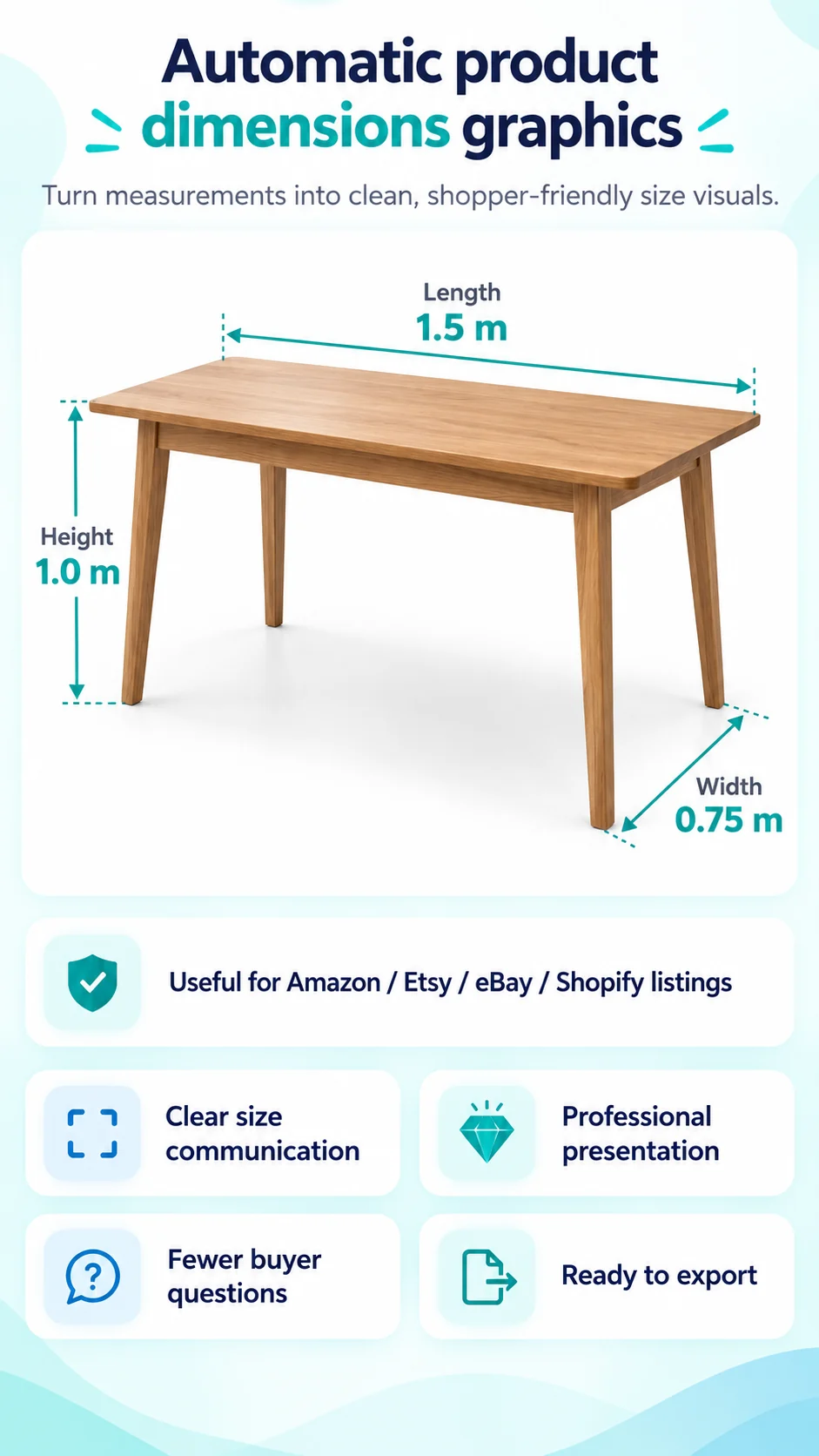 Pixbot Hero mobile illustration showing a product dimensions graphic with measurement callouts.
